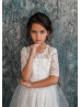 Elbow Sleeve Ivory Lace Tulle Keyhole Back Flower Girl Dress